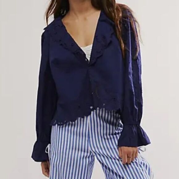 Free People Maisie Cutwork Top in Celestial Indigo - Picture 1 of 9